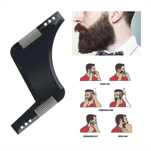 Black comb with illustrations showing how to use it for beard grooming on a white background.