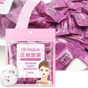 Bioaqua compressed facial masks packaging with a white mask on a white background