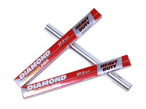 Two rolls of Diamond brand aluminum foil paper, with red and silver coloring and text indicating 'Heavy Duty' and 5.75 kg weight.