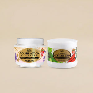 Two skincare products, 'Double Action Cleanser' and 'Vegetable Mask', on a beige background.