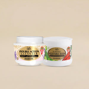 Two cosmetic jars labeled 'Double Action Cleanser' and 'Vegetable Mask' on a beige background.