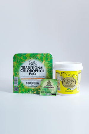 Traditional chlorophyll wax packaging on a light gray background
