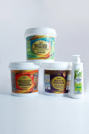 Collection of various powder products with colorful labels on a light gray background