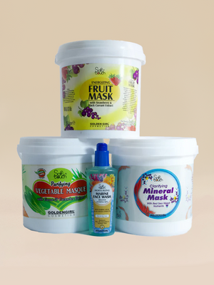 Collection of skincare products including fruit, vegetable, and mineral masks on a beige background