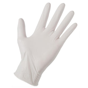 A single white surgical glove on a plain background.