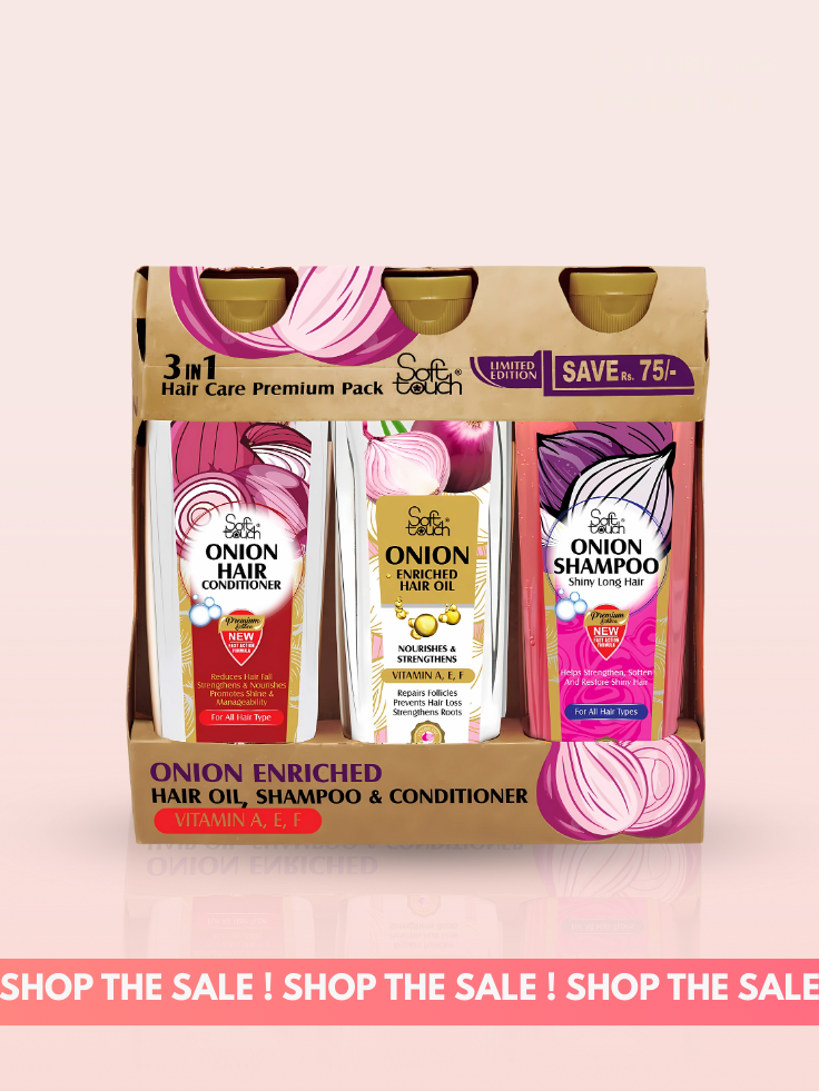 Packaging of Onion Enriched Hair Oil, Shampoo, and Conditioner set on a pink background with 'Shop the Sale!' text.