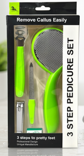 Packaged 3-step pedicure set with green handles on a white background