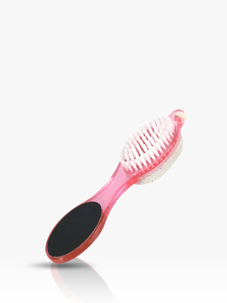 Pink pet grooming brush with black handle on a white background