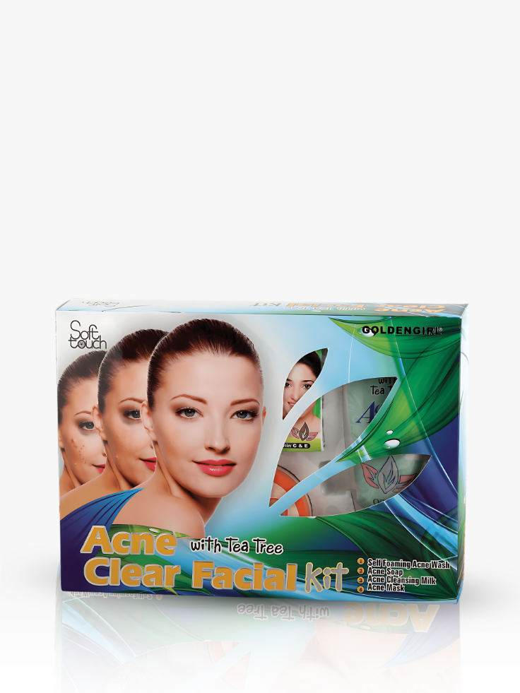 Acne Clear Facial Kit packaging with a woman's face on the box.