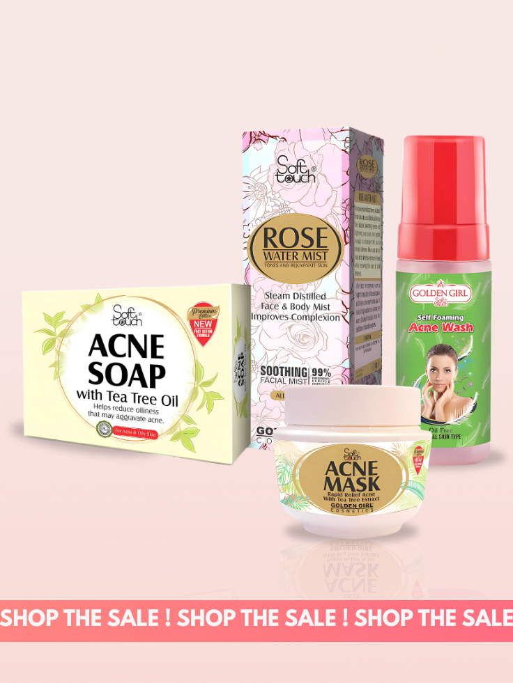 Collection of skincare products including soap, mist, and mask on a light pink background with 'Shop the Sale!' text.