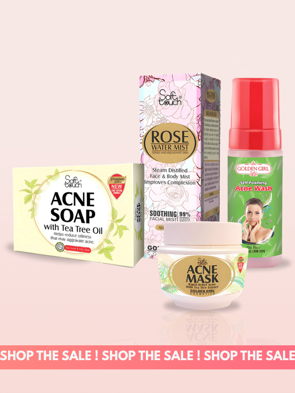 Collection of skincare products including soap, mist, and mask on a light pink background with 'Shop the Sale!' text.