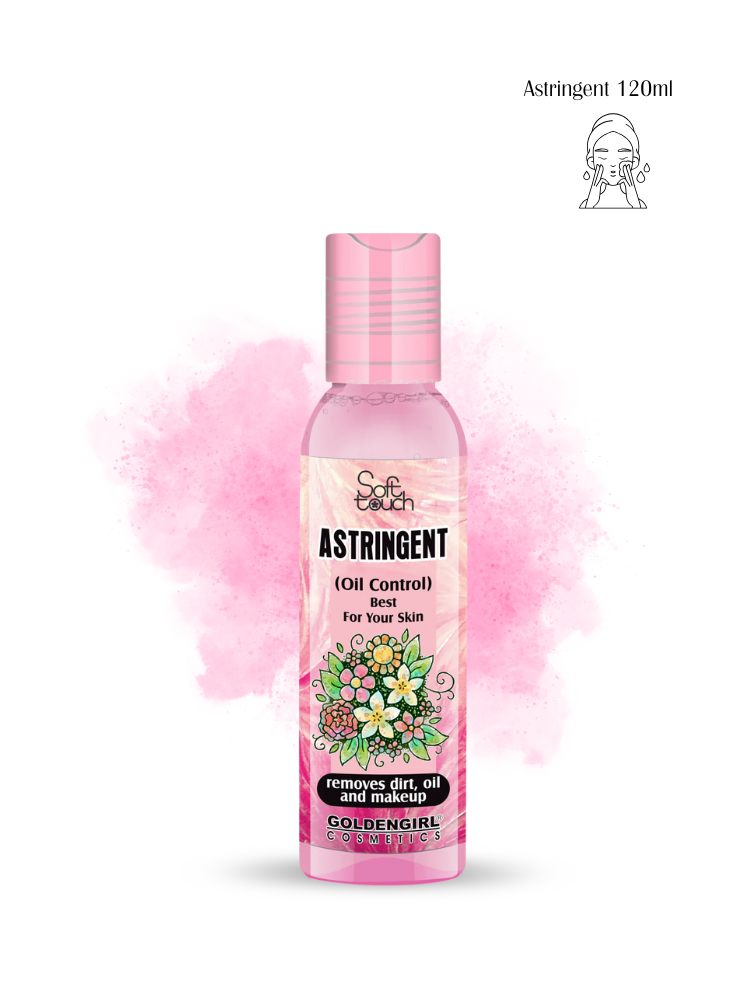 Pink bottle of Golden Girl astrigent with floral design on a white background