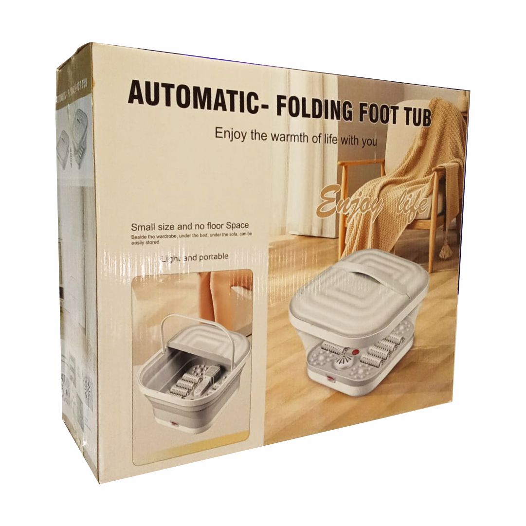 Box of an automatic folding foot tub with images and text on a white background