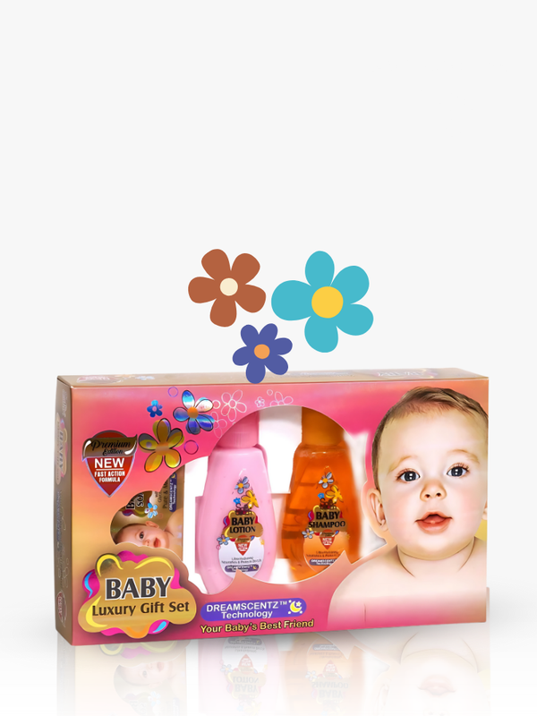 Baby luxury gift set packaging with a baby's face on a white background