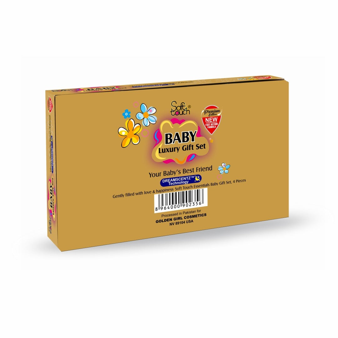 Gold baby gift set box with colorful branding on a white background