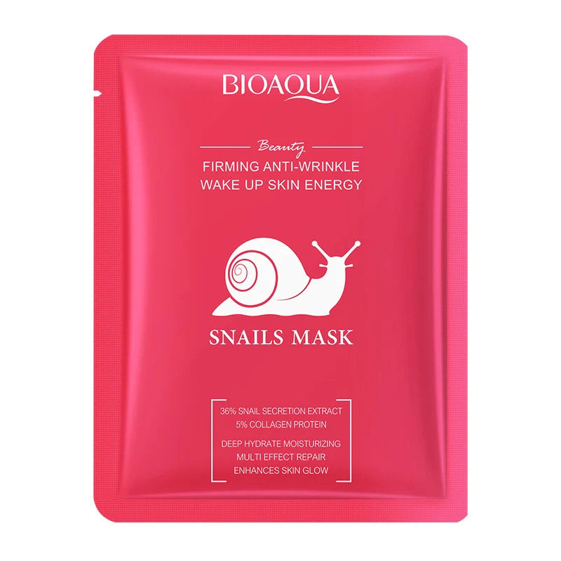 Bioaqua snails mask packaging with a pink background