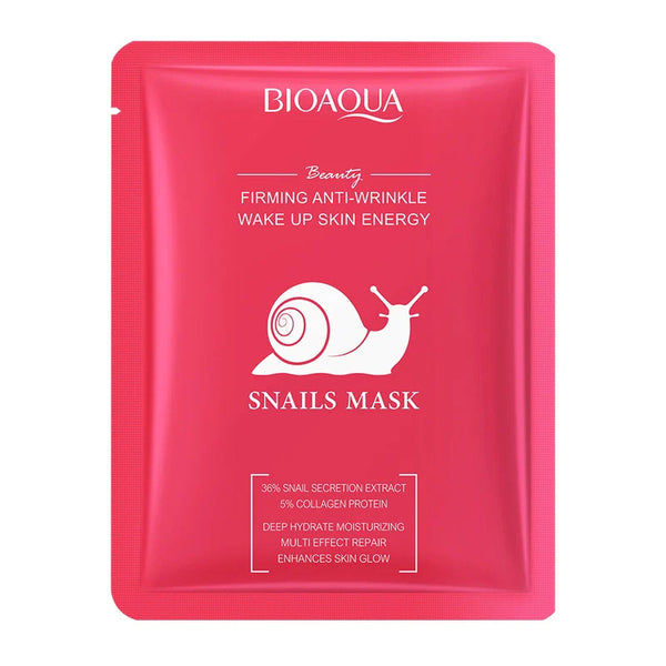 Bioaqua snails mask packaging with a pink background
