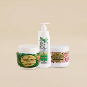 Three skincare products on a beige background