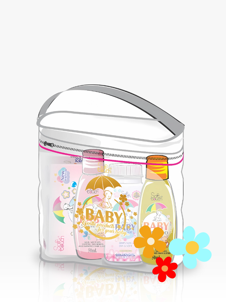 Clear plastic bag with baby care products on a white background