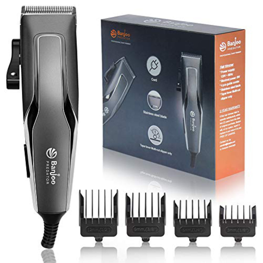 Hair trimmer with packaging and attachments on a white background