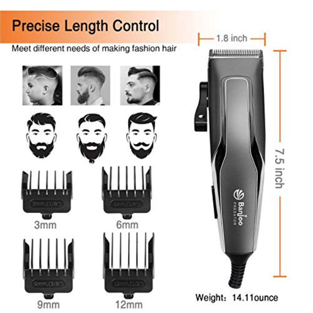 Hair trimmer with interchangeable attachments and measurement details on a white background