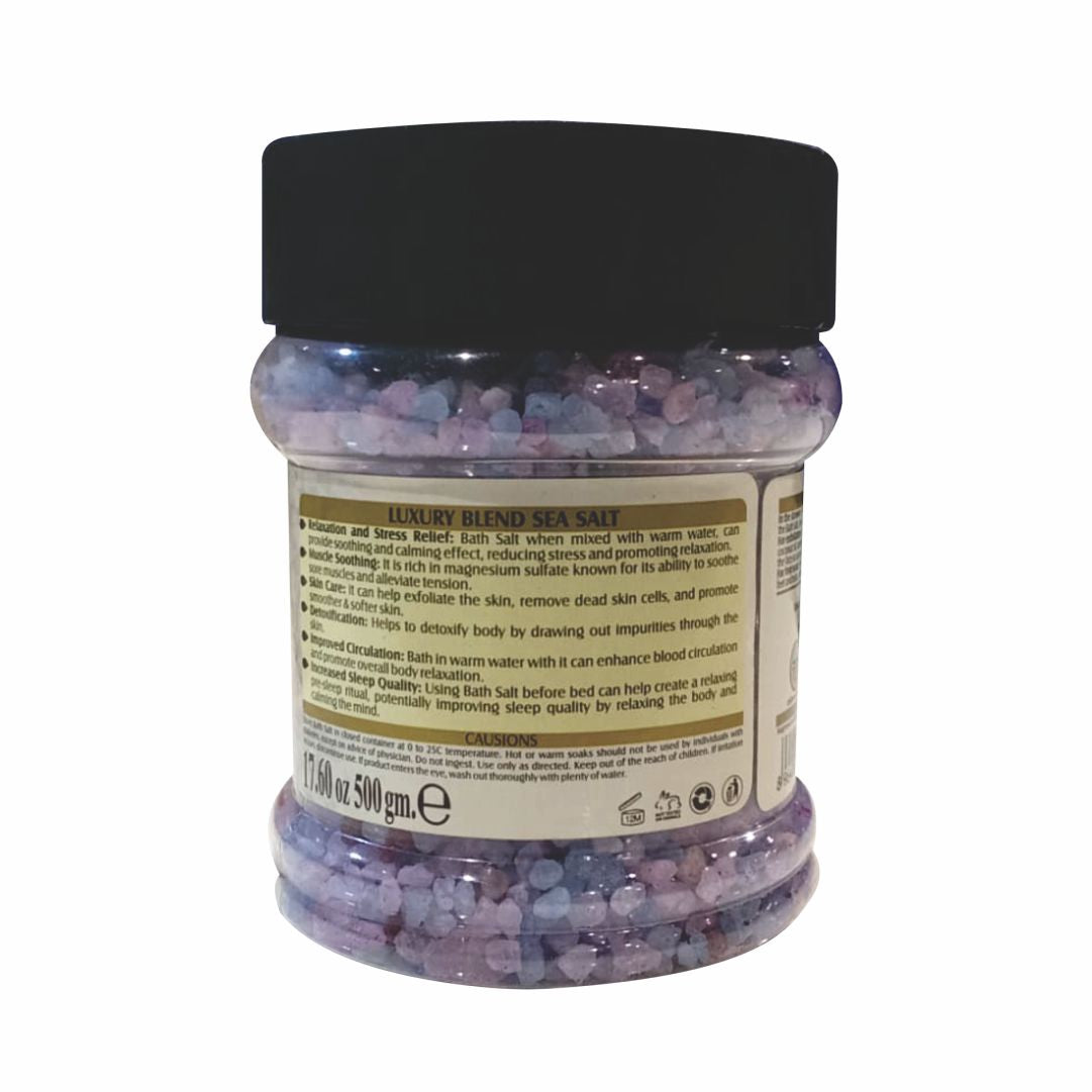 Jar of luxury blend sea salt with label on white background
