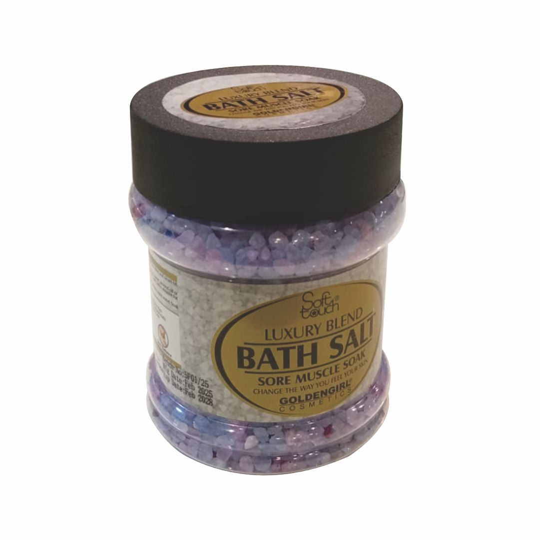 Jar of bath salts with a label on a white background