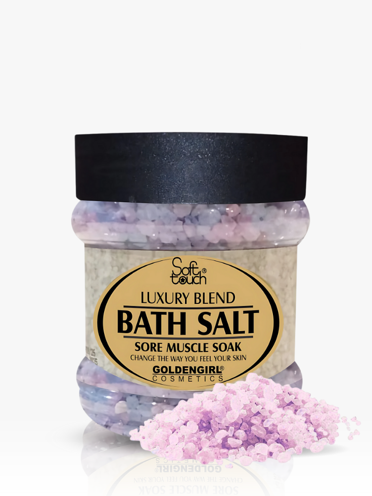 Bath salt jar with a black lid and visible pink bath salts on a white background