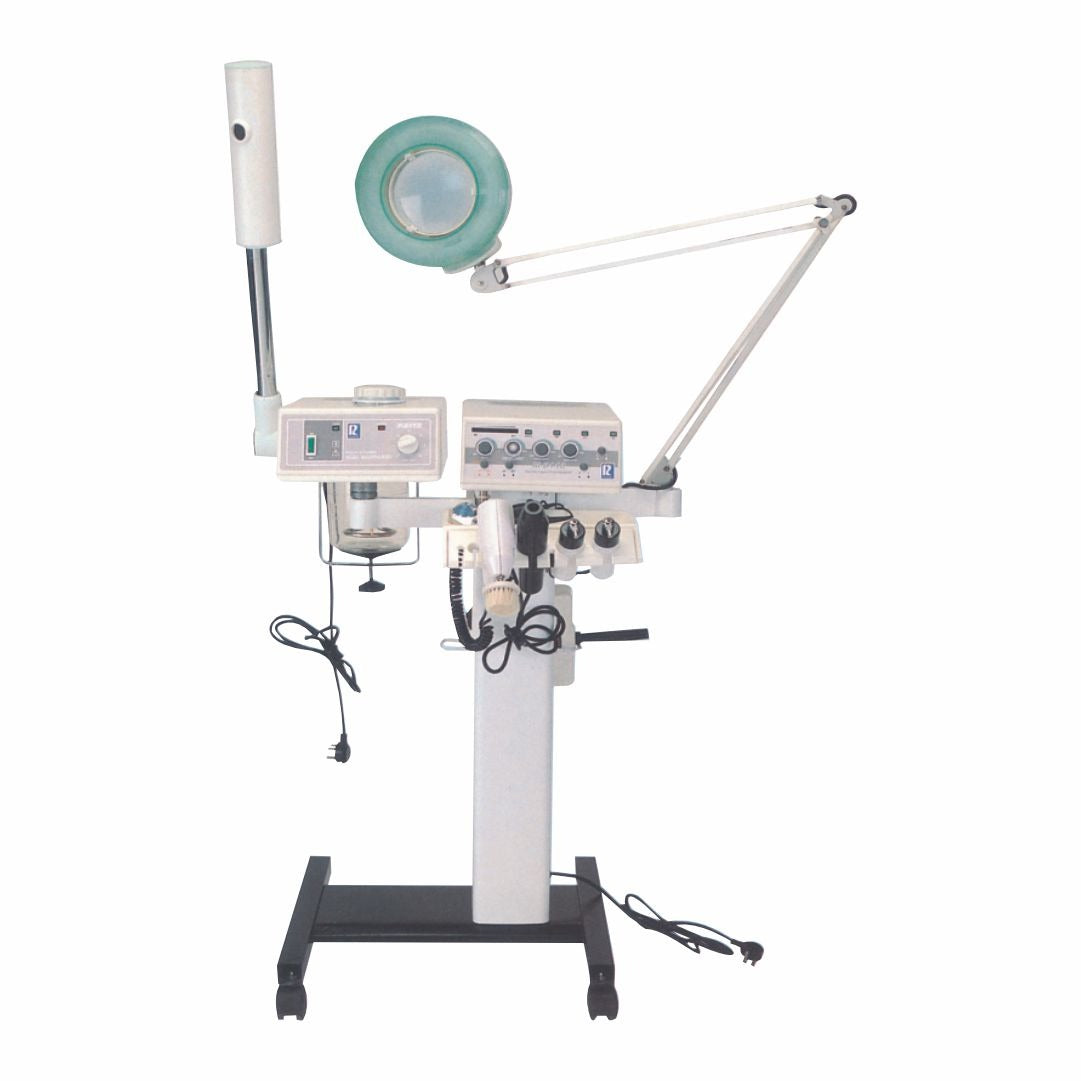 A professional beauty machine face steamer with a handheld attachment and a control panel on a tabletop.