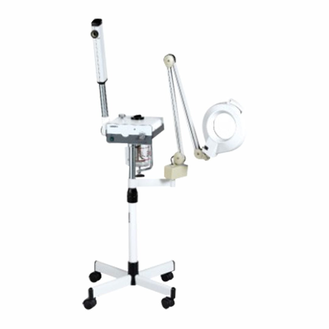 A beauty machine face steamer with a handheld design, featuring a white base, black accents, and a metallic nozzle.