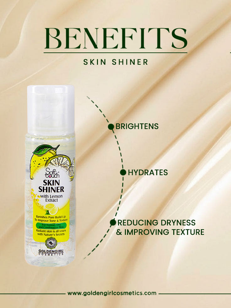 Skin shiner product with benefits listed on a beige background