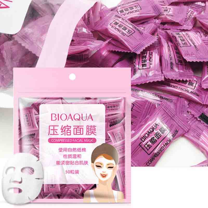 Bioaqua compressed facial masks packaging with a white mask on a white background