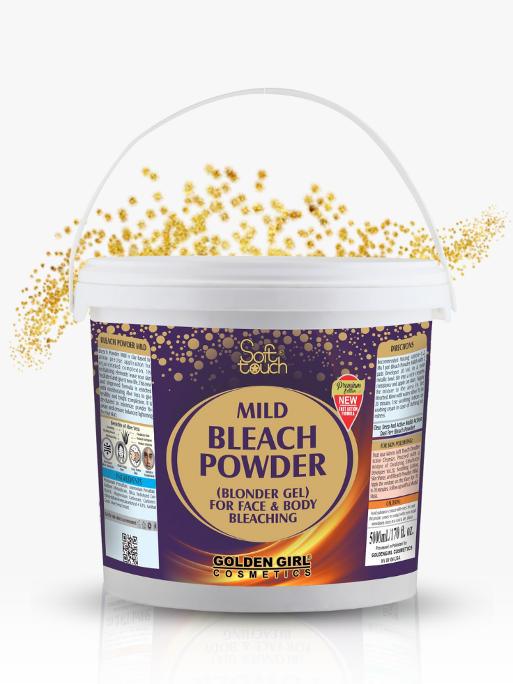 Container of Mild Bleach Powder with a purple label on a white background