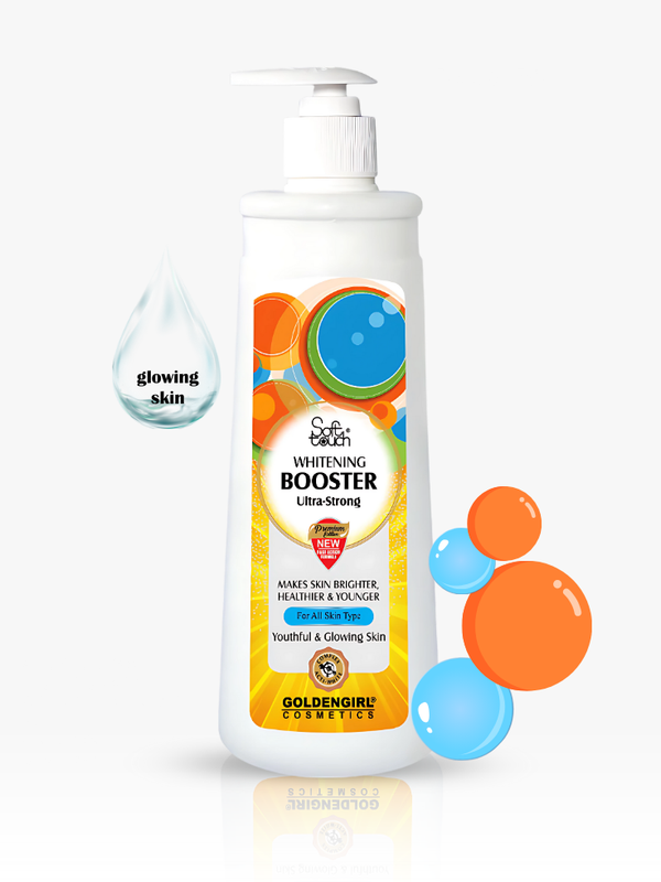 Whitening booster product with colorful design on a white background