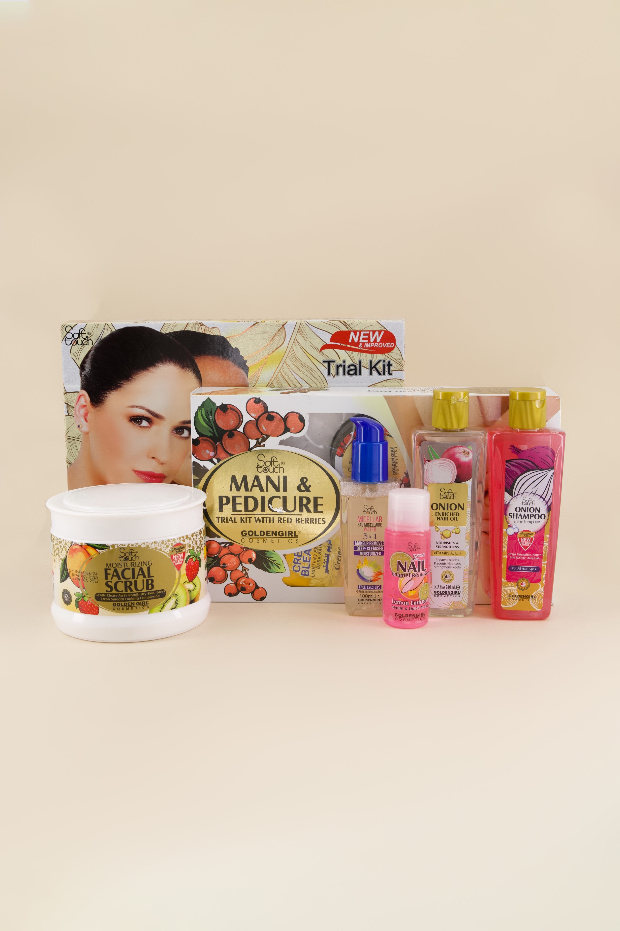 Manicure and pedicure kit with various products on a beige background