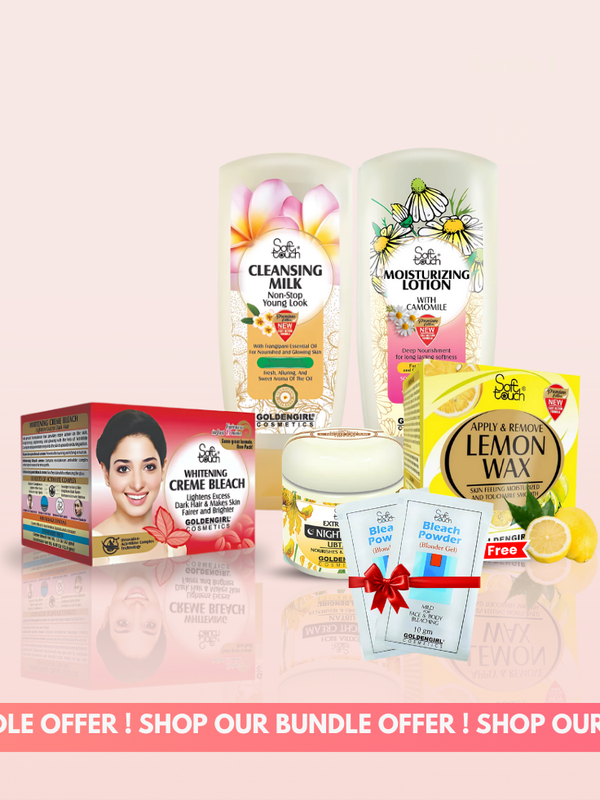 Collection of skincare and beauty products on a pink background with promotional text.