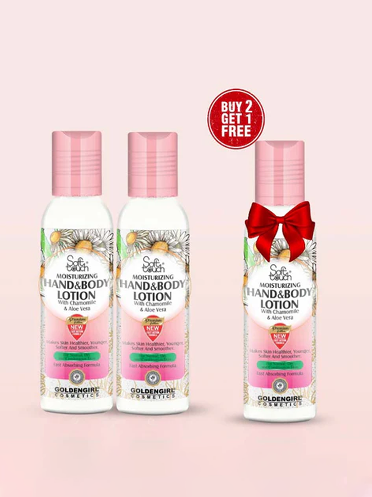 Three bottles of Goldenseal Hand & Body Lotion with a 'Buy 2 Get 1 Free' offer on a pink background.
