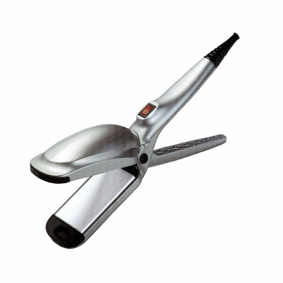 A silver-colored hair straightener with black accents and a digital display.