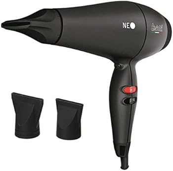 Black hair dryer with attachments on a white background