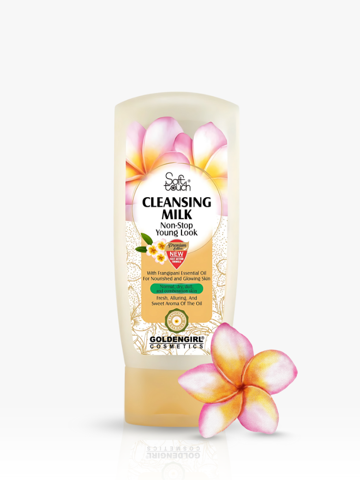Cleansing milk bottle with floral design on a white background