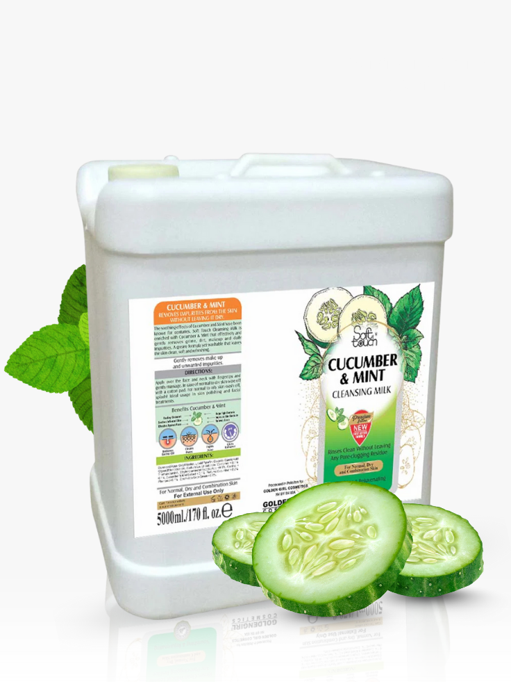 Cucumber and mint cleansing milk container with slices of cucumber on a white background