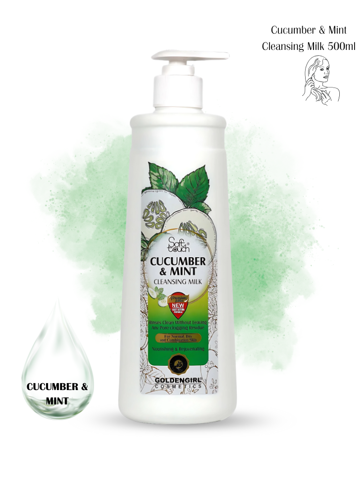 Cucumber & Mint Cleansing Milk bottle with green droplet graphic on a white background