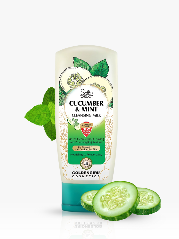 Cucumber and mint cleansing milk tube with cucumber slices on a white background