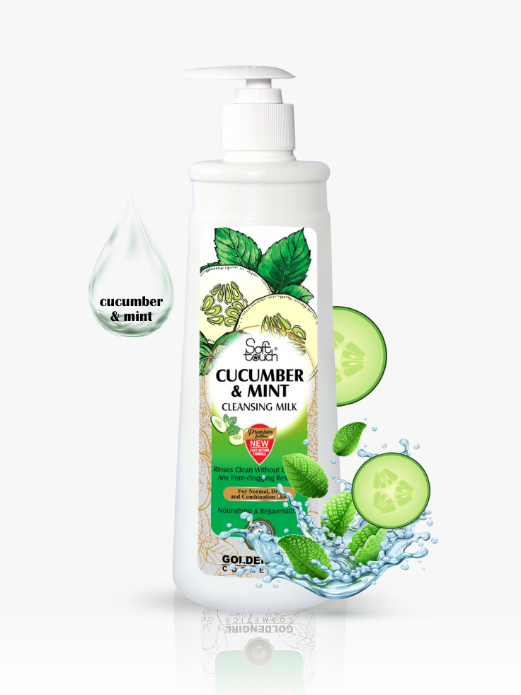 Cucumber and mint cleansing milk bottle with green leaves and cucumbers on a white background
