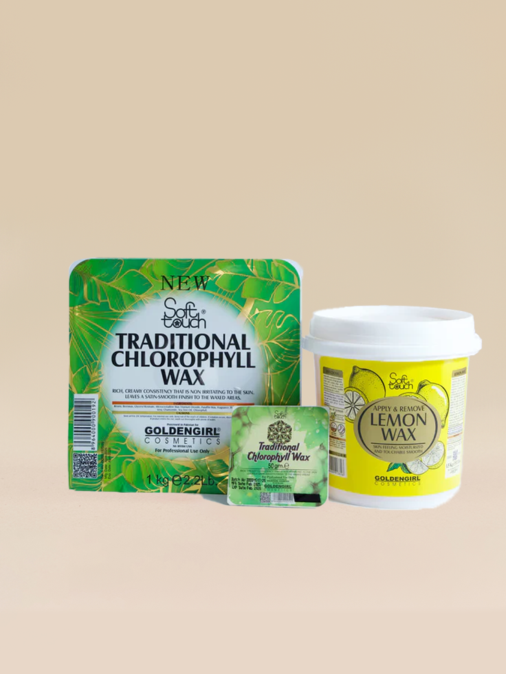 Traditional Chlorophyll Wax packaging with a lemon wax container on a beige background