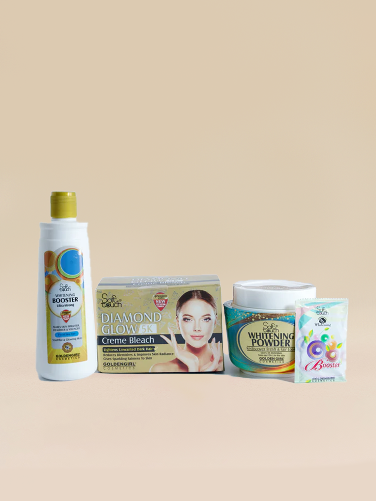 Collection of beauty products including a bottle, box, jar, and packets on a beige background
