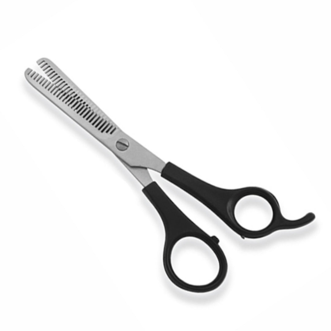 A pair of stainless steel double thinner scissors with black finger rests.