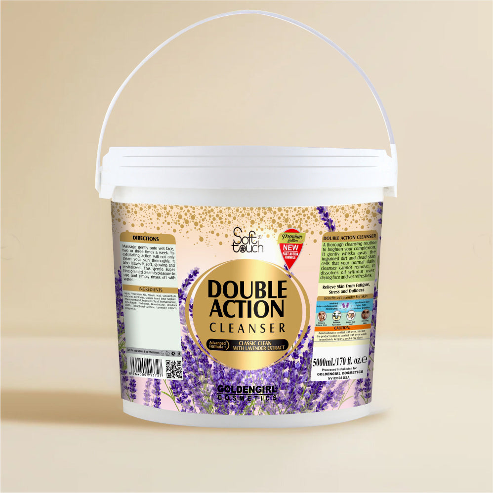 Bucket of Double Action Cleanser with a label on a beige background