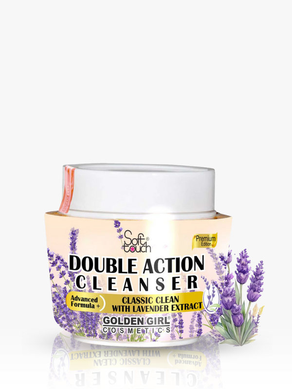 Double Action Cleanser jar with lavender extract on a white background
