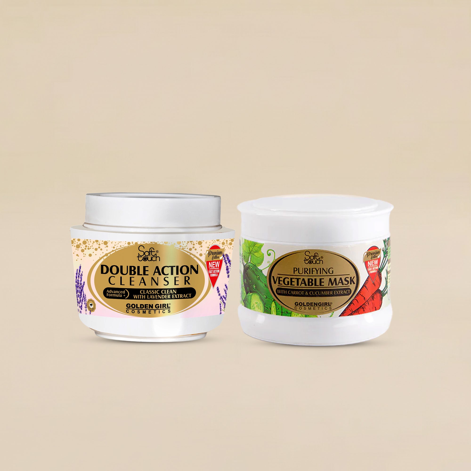 Two skincare products, 'Double Action Cleanser' and 'Vegetable Mask', on a beige background.